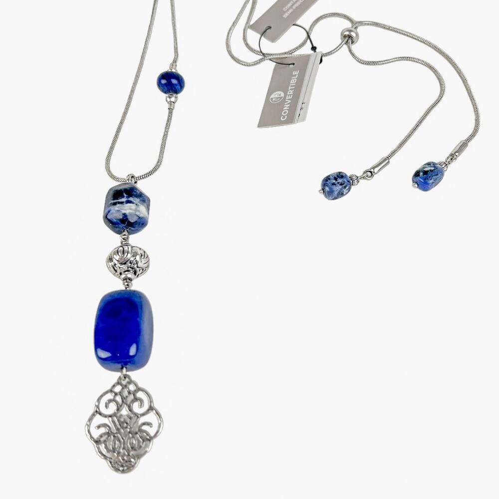 Chicos Necklace Beaded Pendant Tags Blue Silver Tone Pull Adjustable Slide Chain